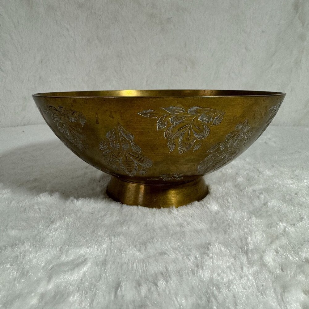 Antique India Brass Bowl With Intricate Leaf Engravings signed engraved MCM